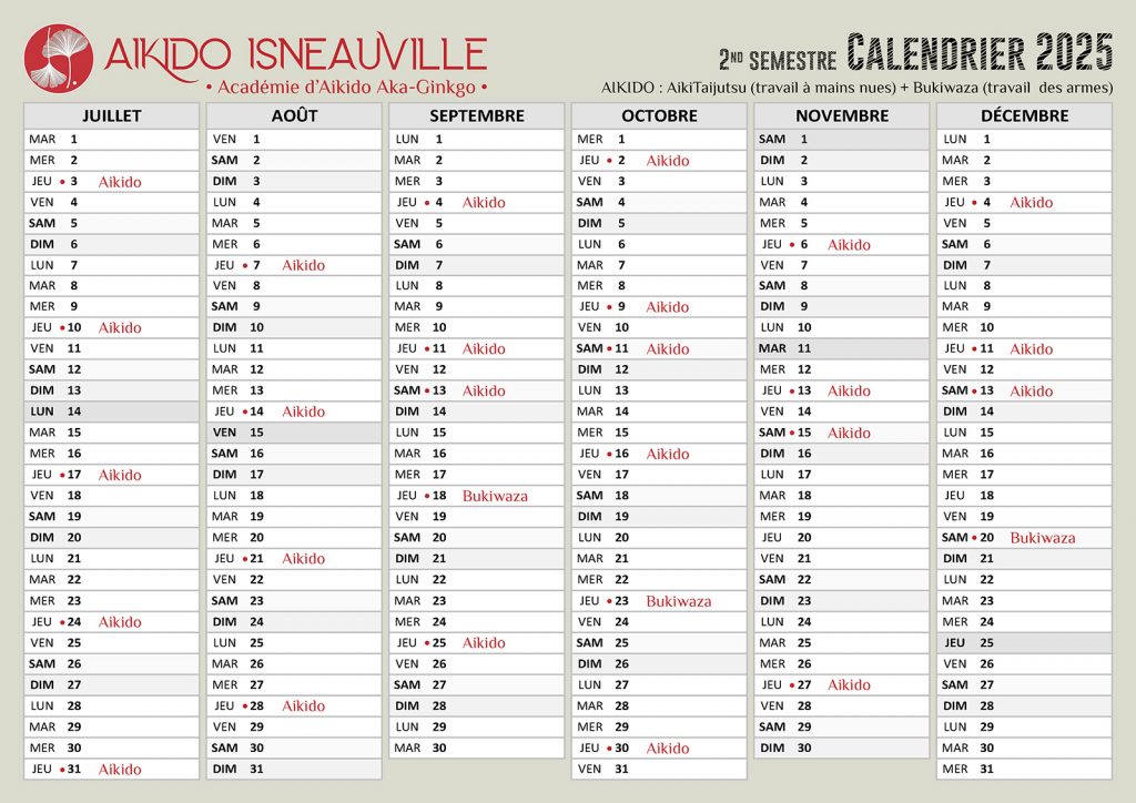 Aikido Isneauville,Calendrier 2026,Agenda Aka-Ginkgo