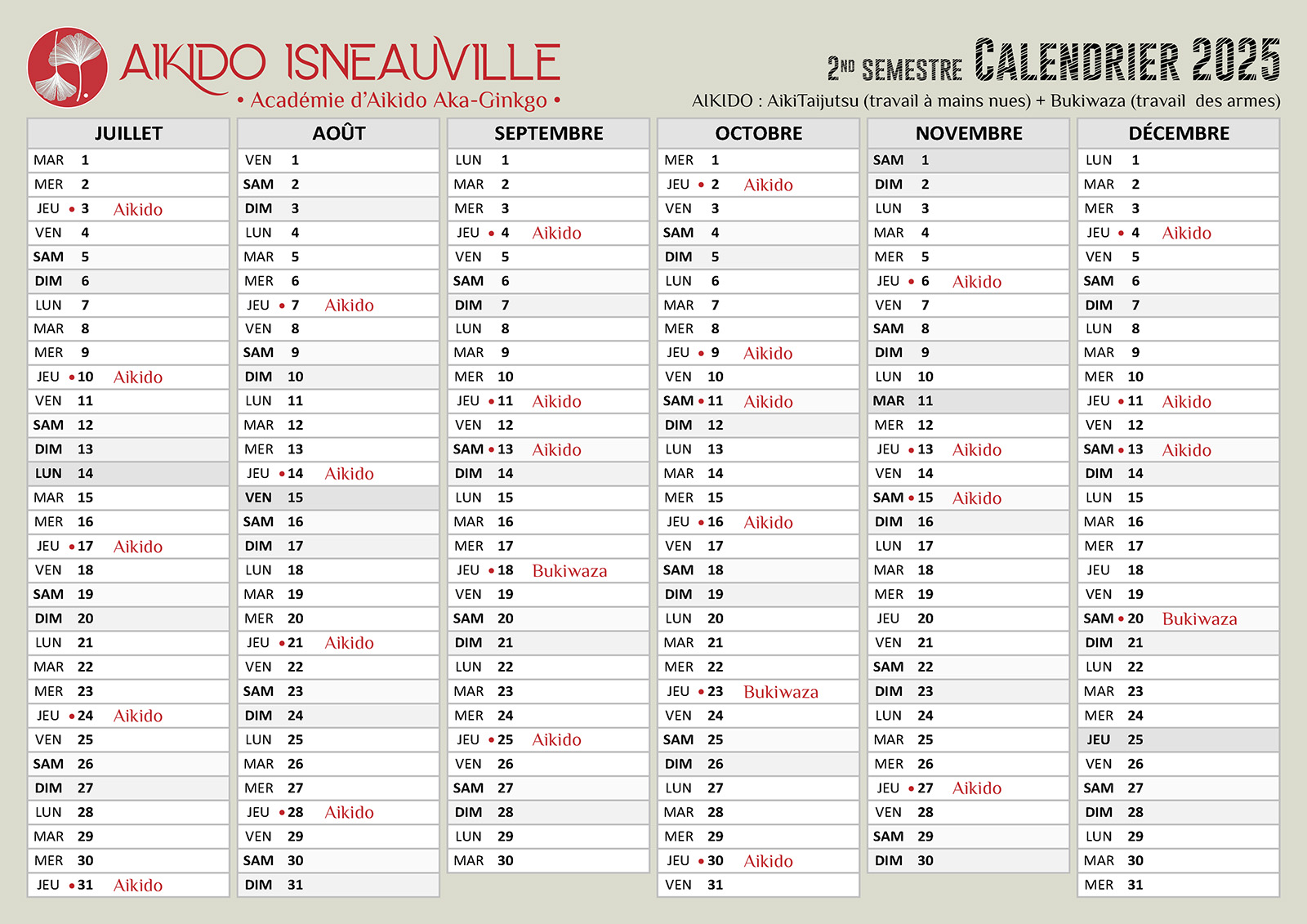Aikido Isneauville : calendrier 2025 – 2nd semestre