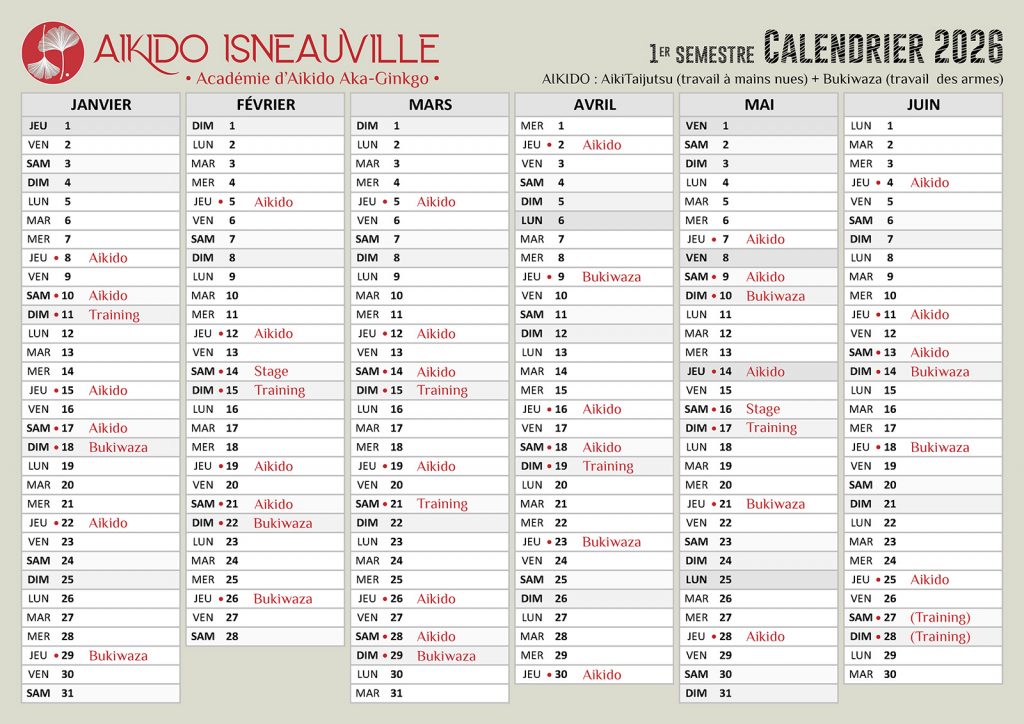 Aikido Isneauville,Calendrier 2026,Agenda Aka-Ginkgo