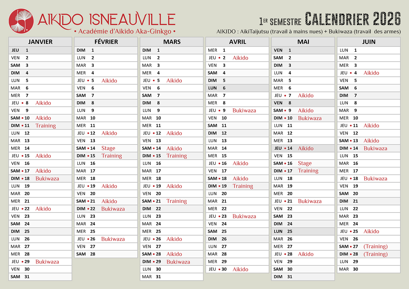 Aikido Isneauville : calendrier 2026 – 1er semestre
